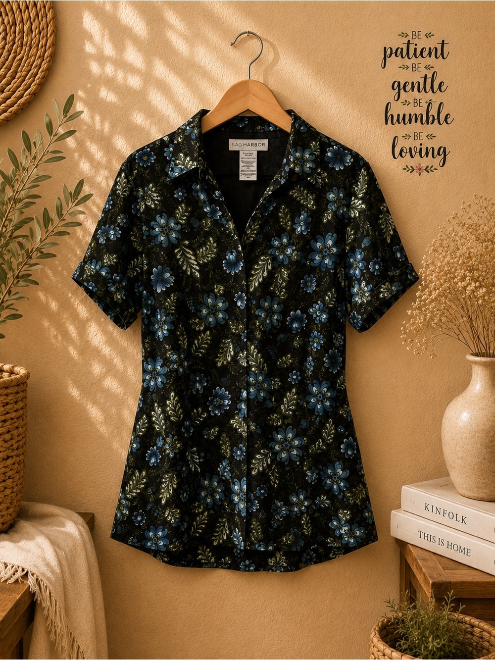 Sag Harbor Black Floral Button-Front Short Sleeve Shirt with Blue Blooms